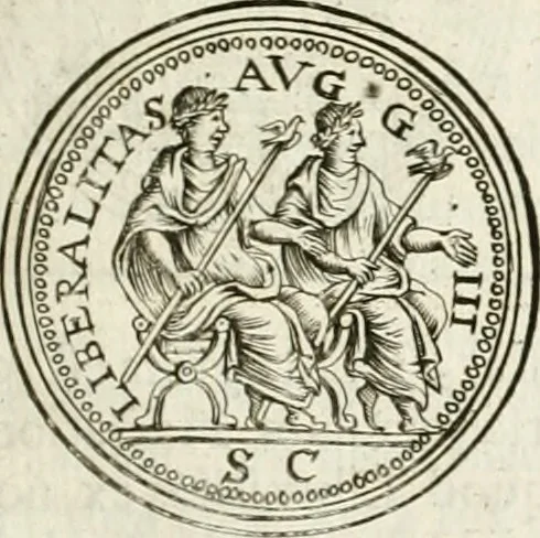 An illustration from Veterum Romanorum Religio castrametatio, disciplina militaris ut & balneae ex antiquis numismatibus & lapidibus demonstrata, 1686, leaf 140
