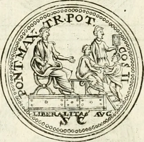 An illustration from Veterum Romanorum Religio castrametatio, disciplina militaris ut & balneae ex antiquis numismatibus & lapidibus demonstrata, 1686, leaf 141