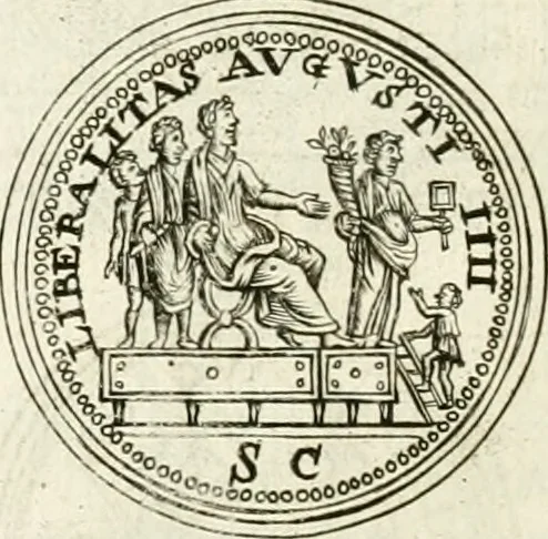 An illustration from Veterum Romanorum Religio castrametatio, disciplina militaris ut & balneae ex antiquis numismatibus & lapidibus demonstrata, 1686, leaf 141
