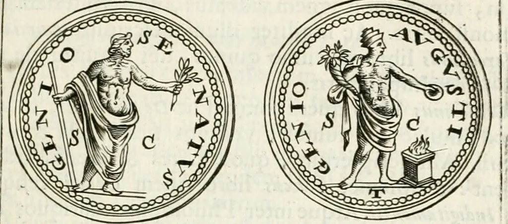An illustration from Veterum Romanorum Religio castrametatio, disciplina militaris ut & balneae ex antiquis numismatibus & lapidibus demonstrata, 1686, leaf 148