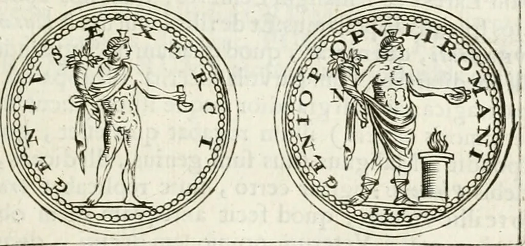 An illustration from Veterum Romanorum Religio castrametatio, disciplina militaris ut & balneae ex antiquis numismatibus & lapidibus demonstrata, 1686, leaf 148