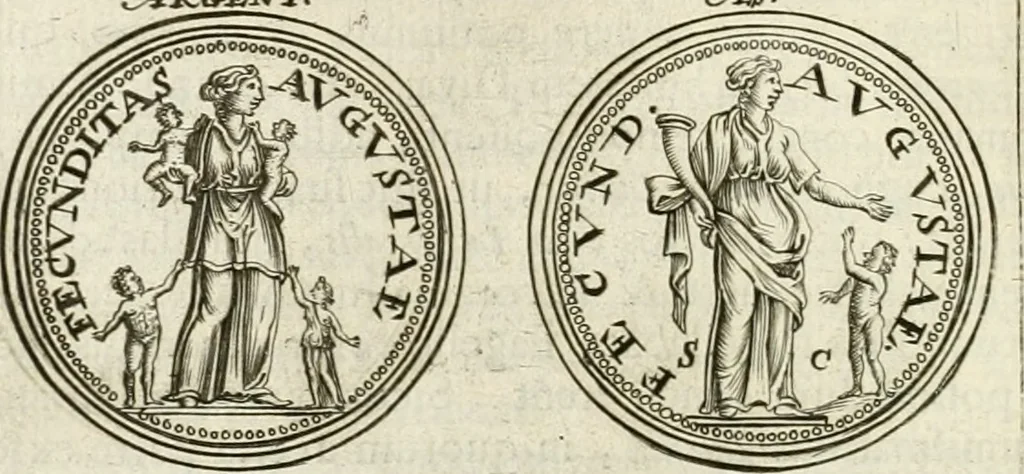 An illustration from Veterum Romanorum Religio castrametatio, disciplina militaris ut & balneae ex antiquis numismatibus & lapidibus demonstrata, 1686, leaf 157