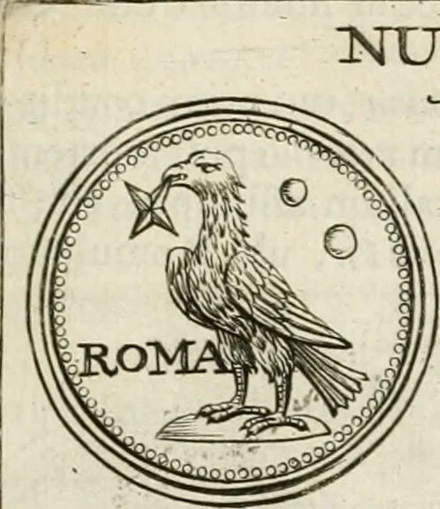 An illustration from Veterum Romanorum Religio castrametatio, disciplina militaris ut & balneae ex antiquis numismatibus & lapidibus demonstrata, 1686, leaf 158