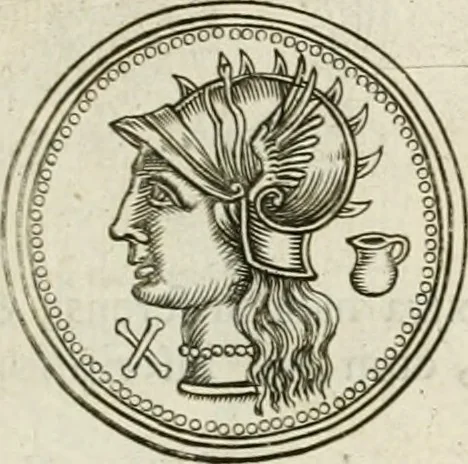 An illustration from Veterum Romanorum Religio castrametatio, disciplina militaris ut & balneae ex antiquis numismatibus & lapidibus demonstrata, 1686, leaf 158