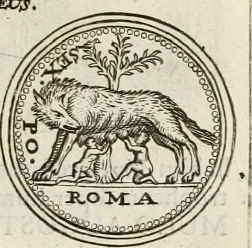 An illustration from Veterum Romanorum Religio castrametatio, disciplina militaris ut & balneae ex antiquis numismatibus & lapidibus demonstrata, 1686, leaf 158