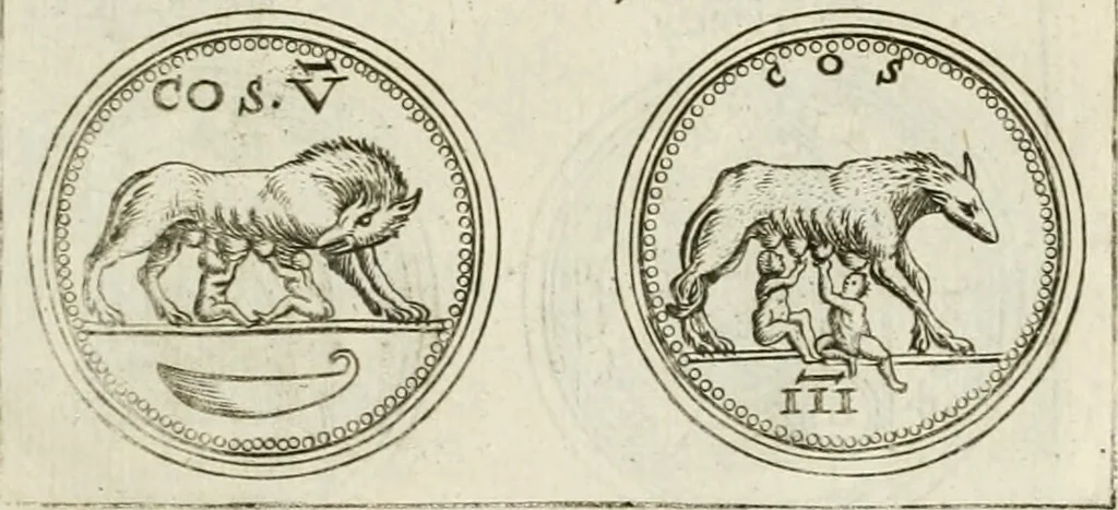 An illustration from Veterum Romanorum Religio castrametatio, disciplina militaris ut & balneae ex antiquis numismatibus & lapidibus demonstrata, 1686, leaf 158
