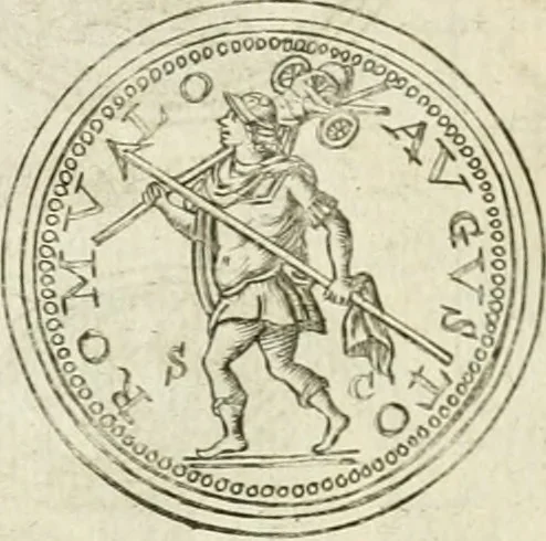 An illustration from Veterum Romanorum Religio castrametatio, disciplina militaris ut & balneae ex antiquis numismatibus & lapidibus demonstrata, 1686, leaf 159