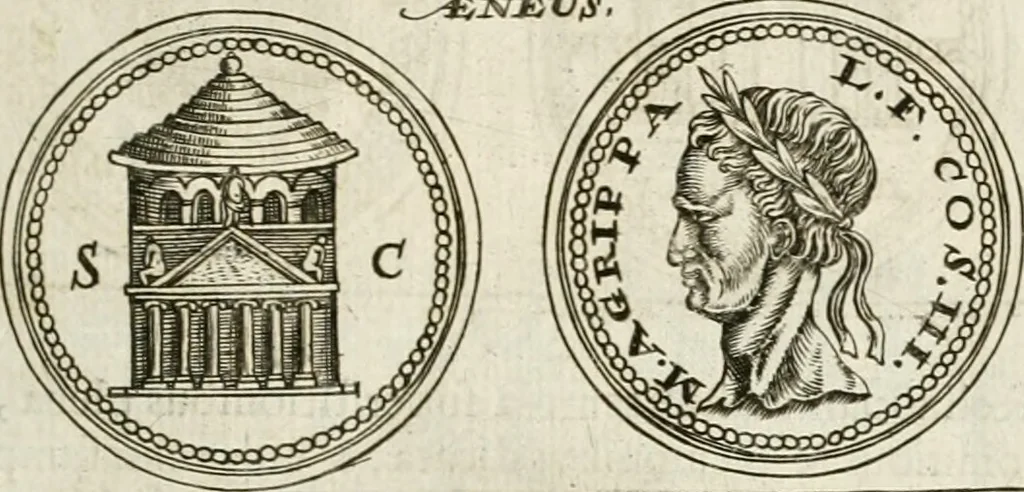 An illustration from Veterum Romanorum Religio castrametatio, disciplina militaris ut & balneae ex antiquis numismatibus & lapidibus demonstrata, 1686, leaf 16