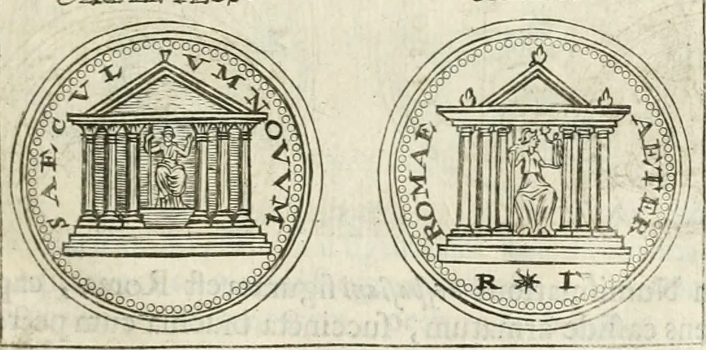 An illustration from Veterum Romanorum Religio castrametatio, disciplina militaris ut & balneae ex antiquis numismatibus & lapidibus demonstrata, 1686, leaf 160
