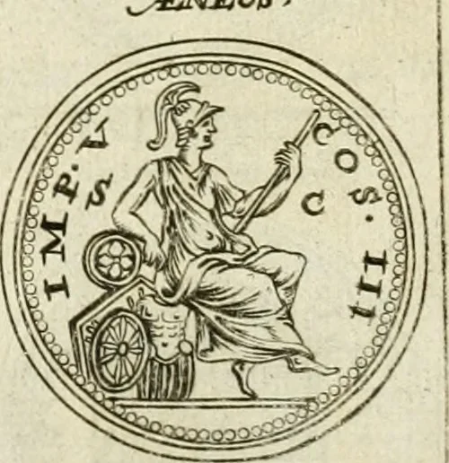 An illustration from Veterum Romanorum Religio castrametatio, disciplina militaris ut & balneae ex antiquis numismatibus & lapidibus demonstrata, 1686, leaf 161