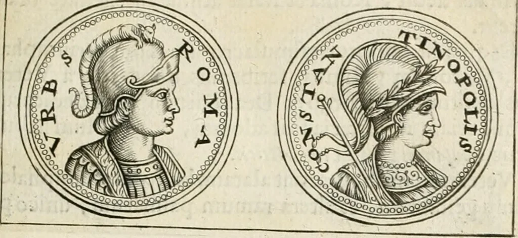 An illustration from Veterum Romanorum Religio castrametatio, disciplina militaris ut & balneae ex antiquis numismatibus & lapidibus demonstrata, 1686, leaf 164