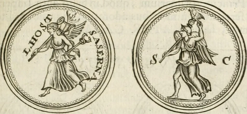 An illustration from Veterum Romanorum Religio castrametatio, disciplina militaris ut & balneae ex antiquis numismatibus & lapidibus demonstrata, 1686, leaf 166