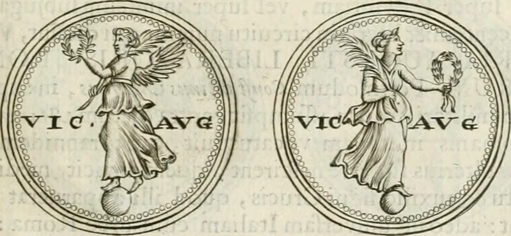 An illustration from Veterum Romanorum Religio castrametatio, disciplina militaris ut & balneae ex antiquis numismatibus & lapidibus demonstrata, 1686, leaf 166