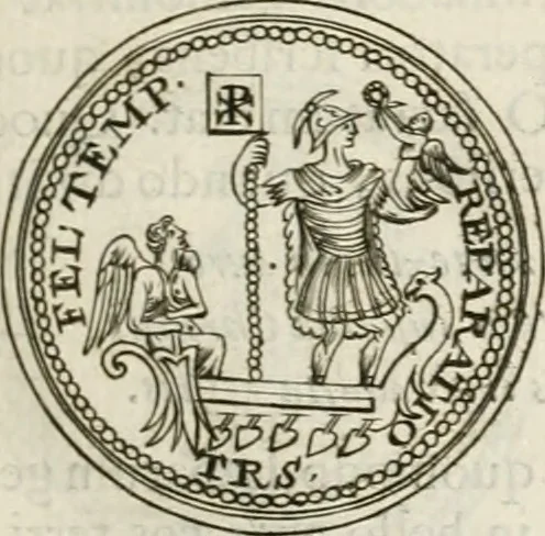 An illustration from Veterum Romanorum Religio castrametatio, disciplina militaris ut & balneae ex antiquis numismatibus & lapidibus demonstrata, 1686, leaf 168