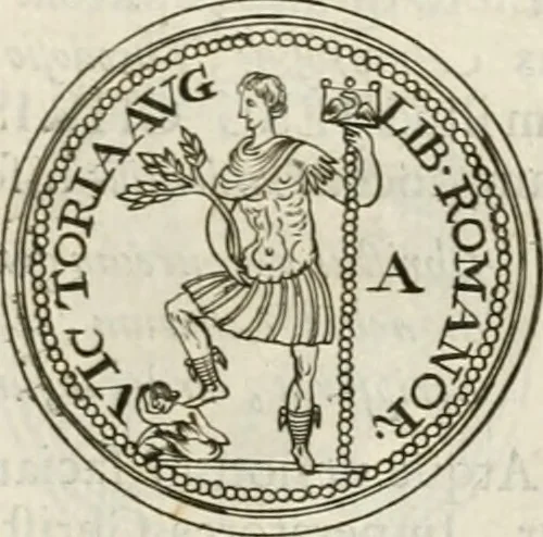 An illustration from Veterum Romanorum Religio castrametatio, disciplina militaris ut & balneae ex antiquis numismatibus & lapidibus demonstrata, 1686, leaf 168
