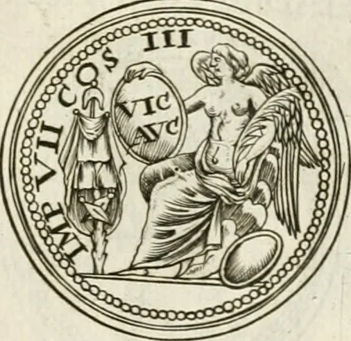 An illustration from Veterum Romanorum Religio castrametatio, disciplina militaris ut & balneae ex antiquis numismatibus & lapidibus demonstrata, 1686, leaf 170