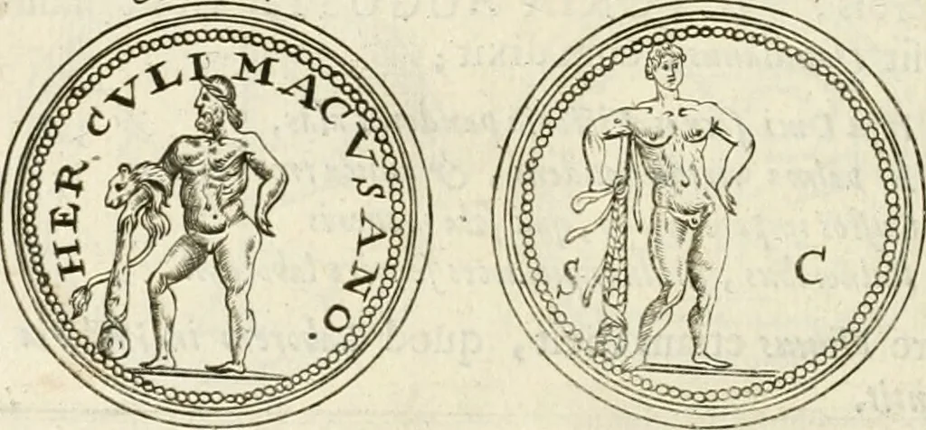 An illustration from Veterum Romanorum Religio castrametatio, disciplina militaris ut & balneae ex antiquis numismatibus & lapidibus demonstrata, 1686, leaf 171