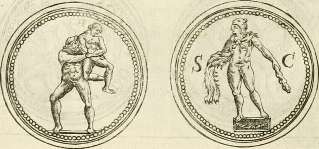 An illustration from Veterum Romanorum Religio castrametatio, disciplina militaris ut & balneae ex antiquis numismatibus & lapidibus demonstrata, 1686, leaf 171