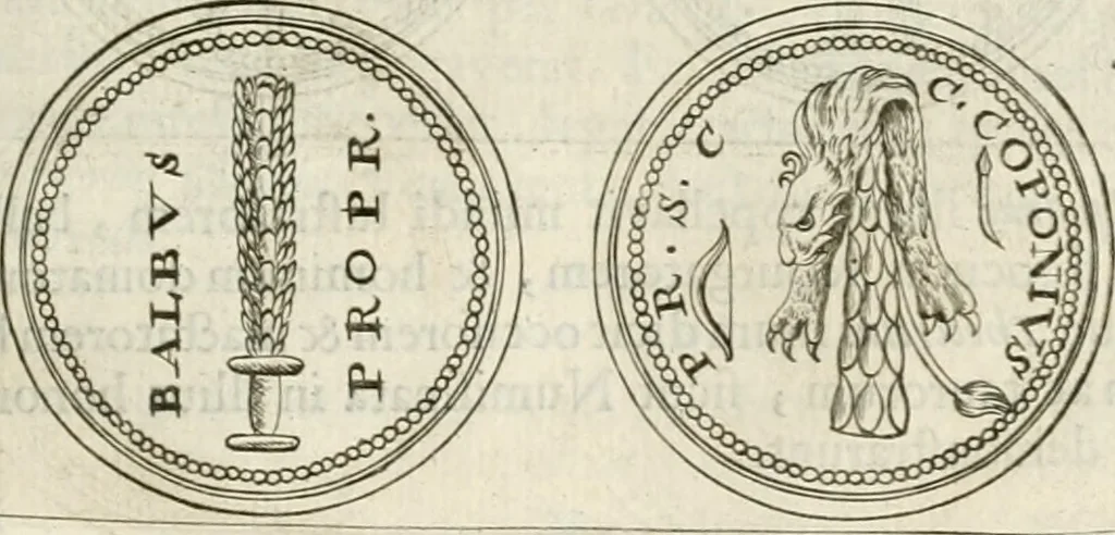 An illustration from Veterum Romanorum Religio castrametatio, disciplina militaris ut & balneae ex antiquis numismatibus & lapidibus demonstrata, 1686, leaf 172