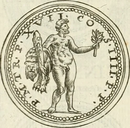An illustration from Veterum Romanorum Religio castrametatio, disciplina militaris ut & balneae ex antiquis numismatibus & lapidibus demonstrata, 1686, leaf 173