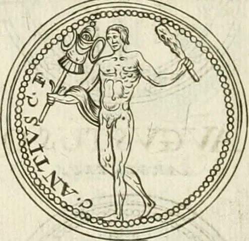 An illustration from Veterum Romanorum Religio castrametatio, disciplina militaris ut & balneae ex antiquis numismatibus & lapidibus demonstrata, 1686, leaf 173
