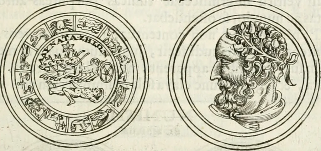 An illustration from Veterum Romanorum Religio castrametatio, disciplina militaris ut & balneae ex antiquis numismatibus & lapidibus demonstrata, 1686, leaf 176