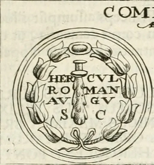 An illustration from Veterum Romanorum Religio castrametatio, disciplina militaris ut & balneae ex antiquis numismatibus & lapidibus demonstrata, 1686, leaf 178