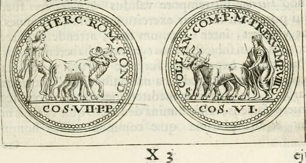 An illustration from Veterum Romanorum Religio castrametatio, disciplina militaris ut & balneae ex antiquis numismatibus & lapidibus demonstrata, 1686, leaf 178