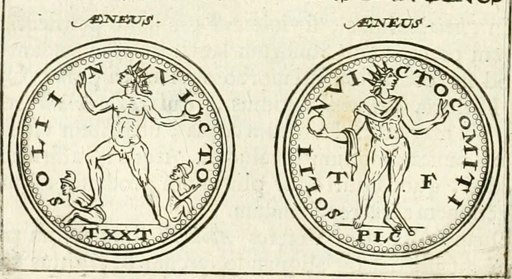 An illustration from Veterum Romanorum Religio castrametatio, disciplina militaris ut & balneae ex antiquis numismatibus & lapidibus demonstrata, 1686, leaf 185