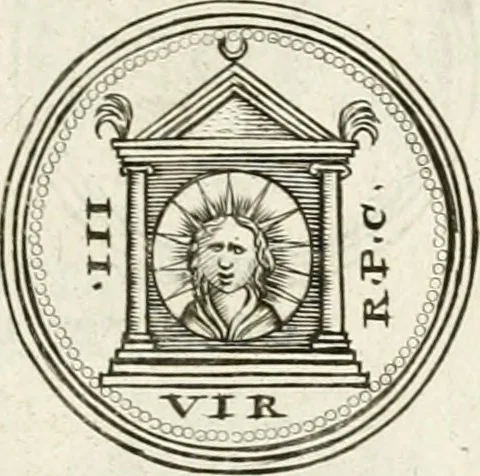 An illustration from Veterum Romanorum Religio castrametatio, disciplina militaris ut & balneae ex antiquis numismatibus & lapidibus demonstrata, 1686, leaf 186