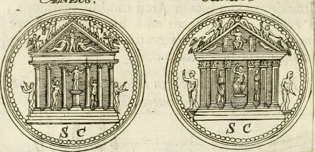 An illustration from Veterum Romanorum Religio castrametatio, disciplina militaris ut & balneae ex antiquis numismatibus & lapidibus demonstrata, 1686, leaf 19