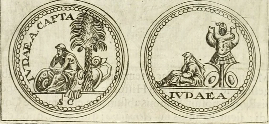 An illustration from Veterum Romanorum Religio castrametatio, disciplina militaris ut & balneae ex antiquis numismatibus & lapidibus demonstrata, 1686, leaf 19