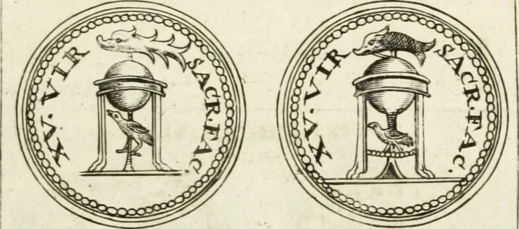 An illustration from Veterum Romanorum Religio castrametatio, disciplina militaris ut & balneae ex antiquis numismatibus & lapidibus demonstrata, 1686, leaf 192