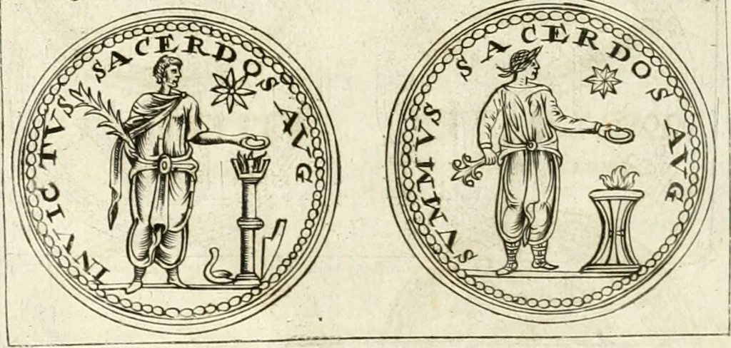 An illustration from Veterum Romanorum Religio castrametatio, disciplina militaris ut & balneae ex antiquis numismatibus & lapidibus demonstrata, 1686, leaf 193