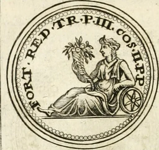 An illustration from Veterum Romanorum Religio castrametatio, disciplina militaris ut & balneae ex antiquis numismatibus & lapidibus demonstrata, 1686, leaf 195