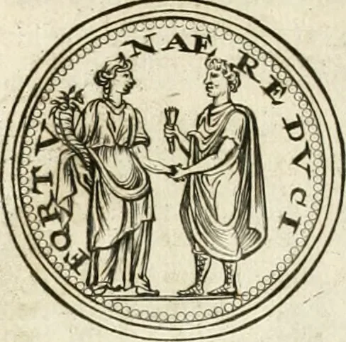 An illustration from Veterum Romanorum Religio castrametatio, disciplina militaris ut & balneae ex antiquis numismatibus & lapidibus demonstrata, 1686, leaf 195