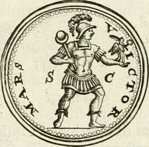 An illustration from Veterum Romanorum Religio castrametatio, disciplina militaris ut & balneae ex antiquis numismatibus & lapidibus demonstrata, 1686, leaf 197