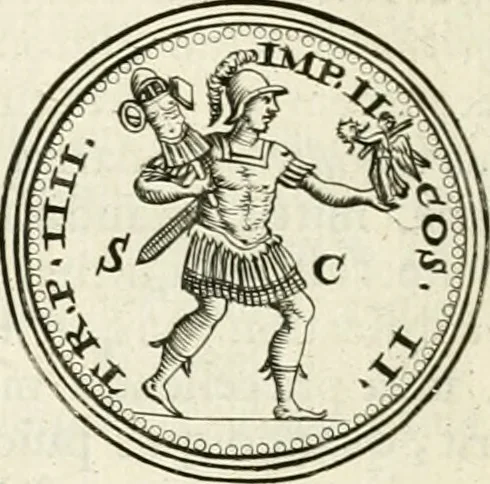 An illustration from Veterum Romanorum Religio castrametatio, disciplina militaris ut & balneae ex antiquis numismatibus & lapidibus demonstrata, 1686, leaf 197