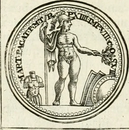 An illustration from Veterum Romanorum Religio castrametatio, disciplina militaris ut & balneae ex antiquis numismatibus & lapidibus demonstrata, 1686, leaf 197