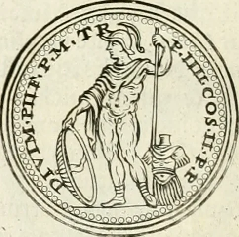 An illustration from Veterum Romanorum Religio castrametatio, disciplina militaris ut & balneae ex antiquis numismatibus & lapidibus demonstrata, 1686, leaf 197