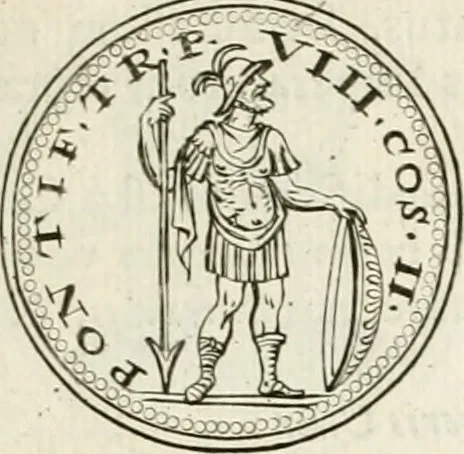 An illustration from Veterum Romanorum Religio castrametatio, disciplina militaris ut & balneae ex antiquis numismatibus & lapidibus demonstrata, 1686, leaf 198
