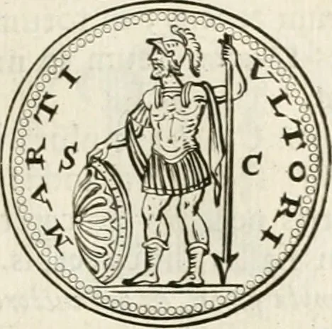 An illustration from Veterum Romanorum Religio castrametatio, disciplina militaris ut & balneae ex antiquis numismatibus & lapidibus demonstrata, 1686, leaf 198