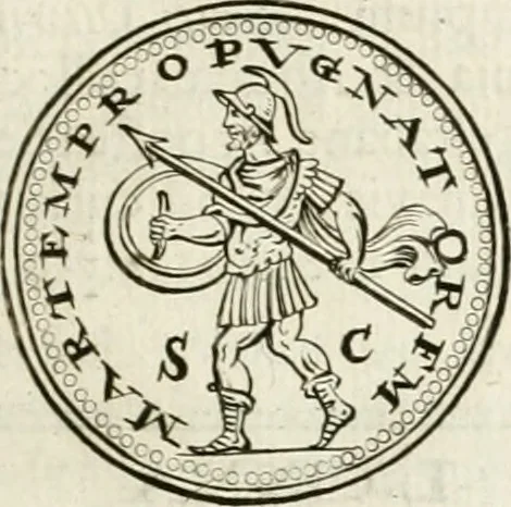 An illustration from Veterum Romanorum Religio castrametatio, disciplina militaris ut & balneae ex antiquis numismatibus & lapidibus demonstrata, 1686, leaf 198
