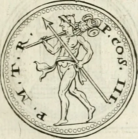 An illustration from Veterum Romanorum Religio castrametatio, disciplina militaris ut & balneae ex antiquis numismatibus & lapidibus demonstrata, 1686, leaf 198