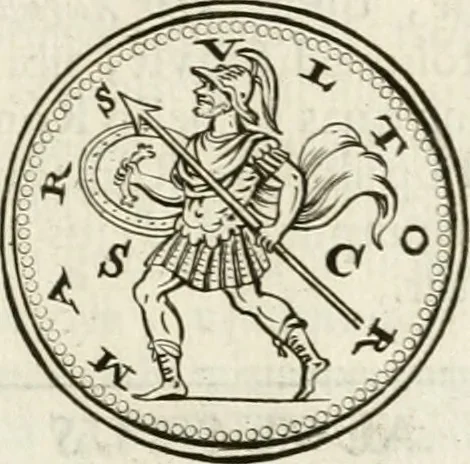 An illustration from Veterum Romanorum Religio castrametatio, disciplina militaris ut & balneae ex antiquis numismatibus & lapidibus demonstrata, 1686, leaf 198
