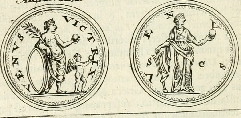 An illustration from Veterum Romanorum Religio castrametatio, disciplina militaris ut & balneae ex antiquis numismatibus & lapidibus demonstrata, 1686, leaf 201