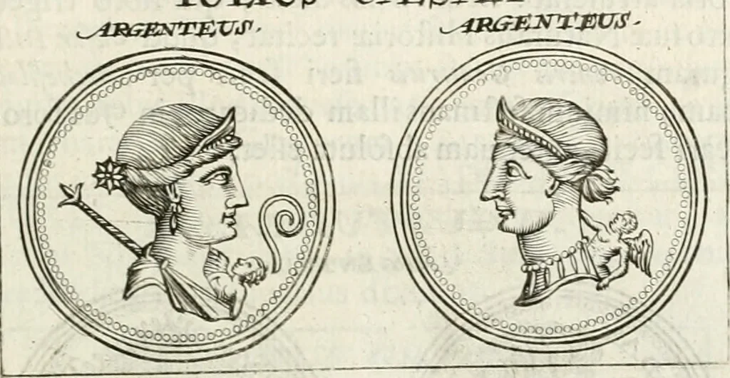 An illustration from Veterum Romanorum Religio castrametatio, disciplina militaris ut & balneae ex antiquis numismatibus & lapidibus demonstrata, 1686, leaf 202