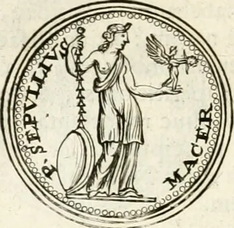 An illustration from Veterum Romanorum Religio castrametatio, disciplina militaris ut & balneae ex antiquis numismatibus & lapidibus demonstrata, 1686, leaf 203