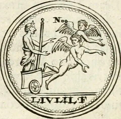 An illustration from Veterum Romanorum Religio castrametatio, disciplina militaris ut & balneae ex antiquis numismatibus & lapidibus demonstrata, 1686, leaf 203