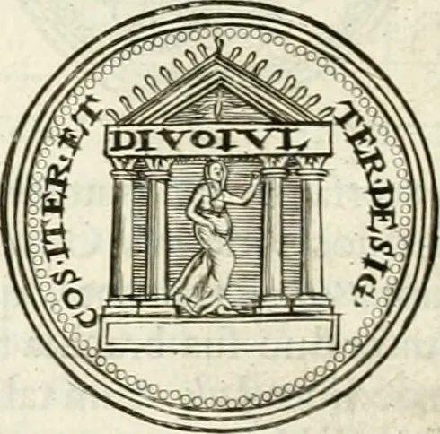 An illustration from Veterum Romanorum Religio castrametatio, disciplina militaris ut & balneae ex antiquis numismatibus & lapidibus demonstrata, 1686, leaf 203